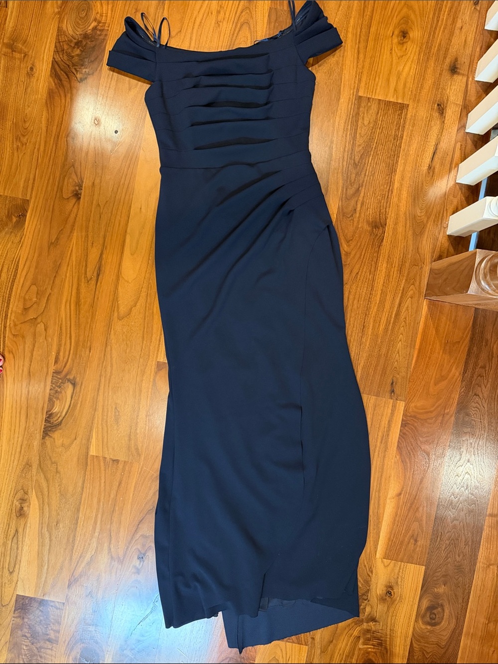 Aqua Midnight Blue Off-Shoulder Evening Maxi Dress